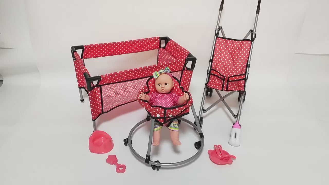 Baby Doll Set Toy Push Stroller Walker Infant Crib Nurturing Pretend Playset Red
