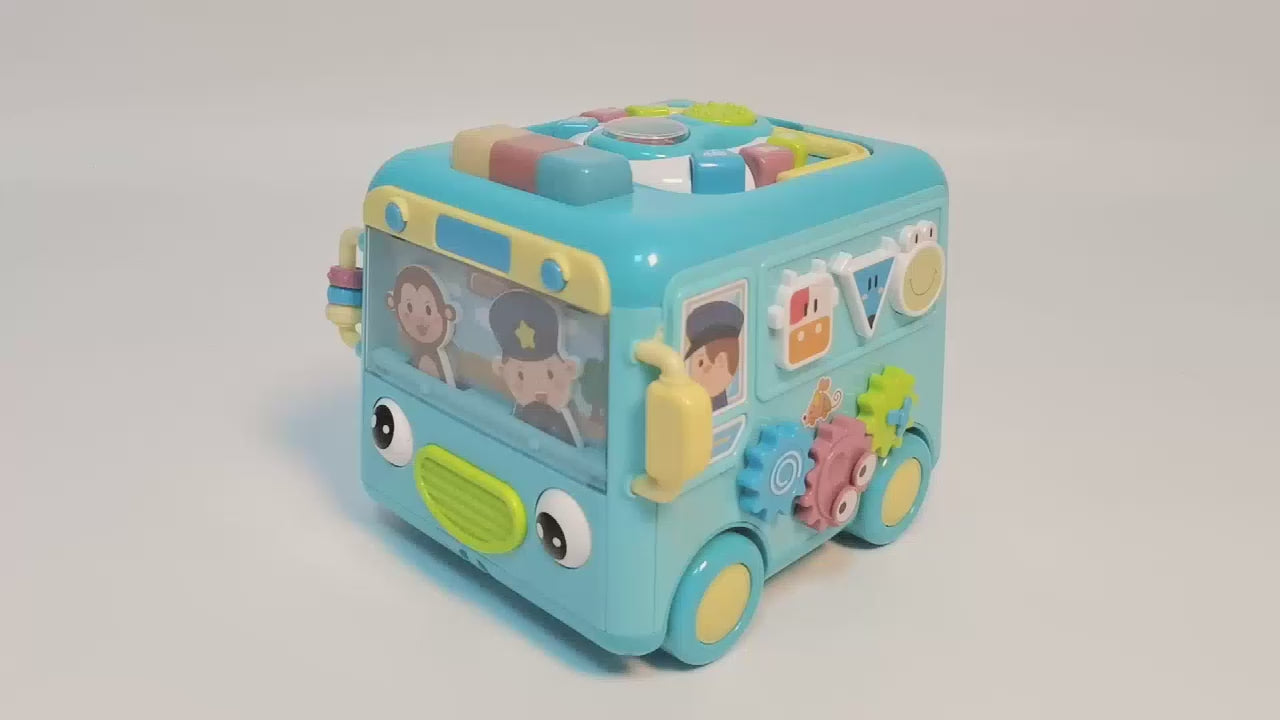 Kids Sensory Multifunction Bus Toy with Music Interactive Learning Toy Blue