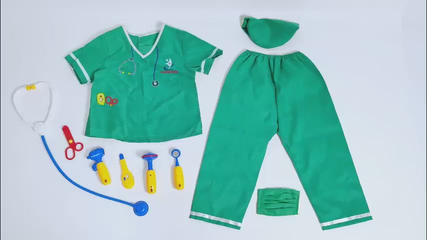 Kids Doctor Vet Hospital Nurse Medical Green Costume Fancy Dress Pretend Cosplay