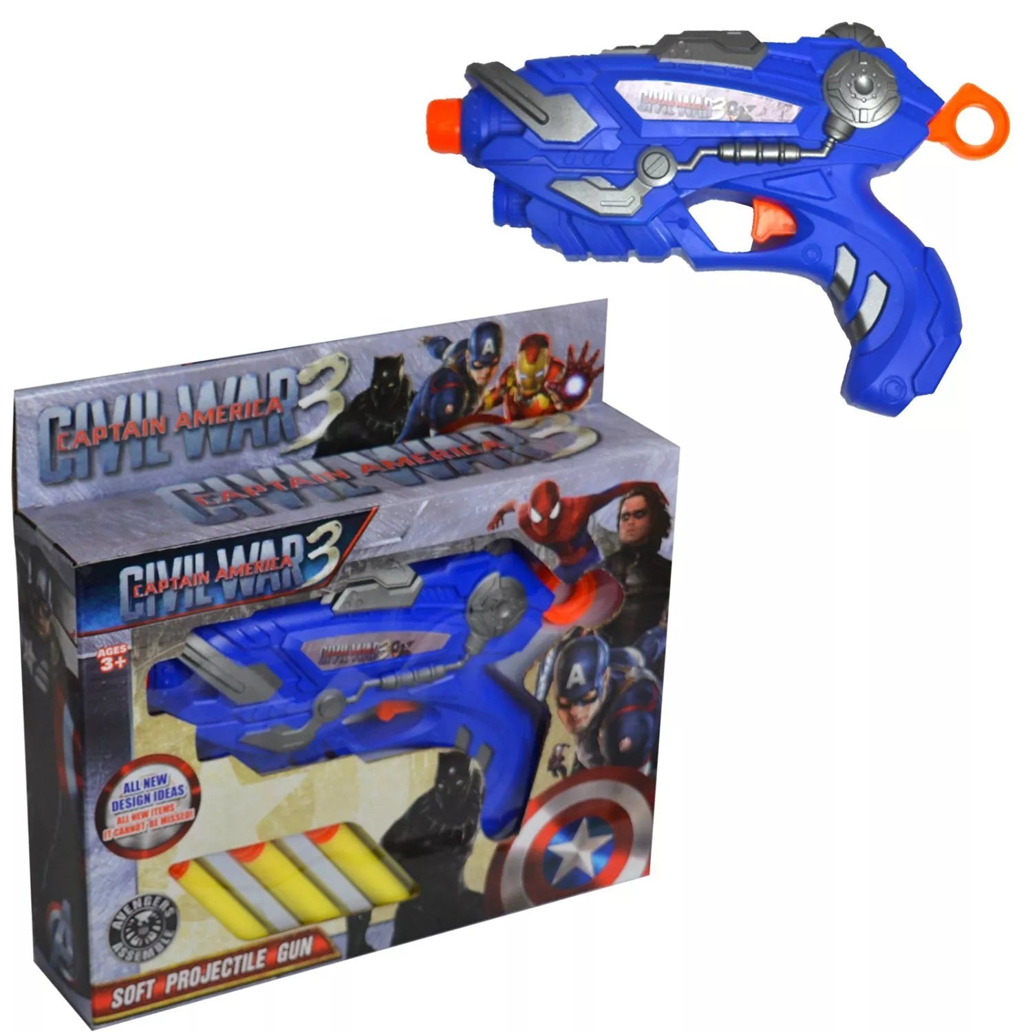 Marvel Captain America Kids Blue Dart Gun Shoots Bullets Civil War Toy Pistol
