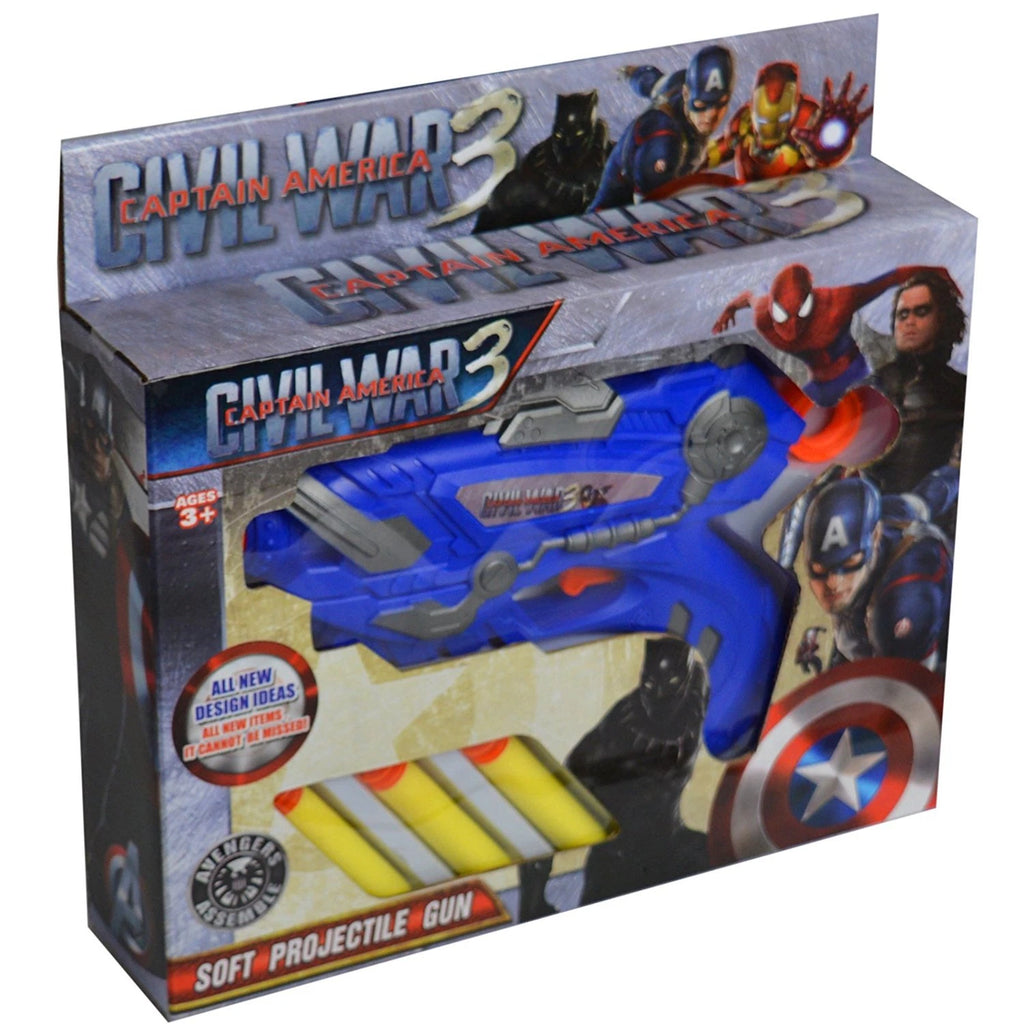 Marvel Captain America Kids Blue Dart Gun Shoots Bullets Civil War Toy Pistol